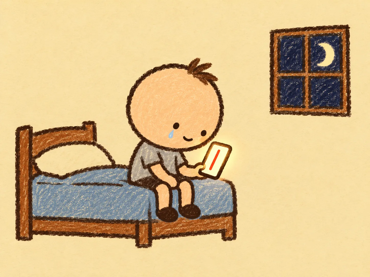 Wagie sitting on his bed at night, holding a phone with a red line going straight down, one tear on his cheek