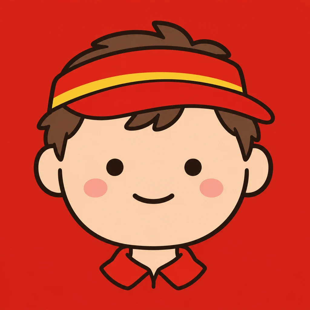 Wagie, a small crayon-drawn guy in a red crew visor and red polo with a blank yellow name tag